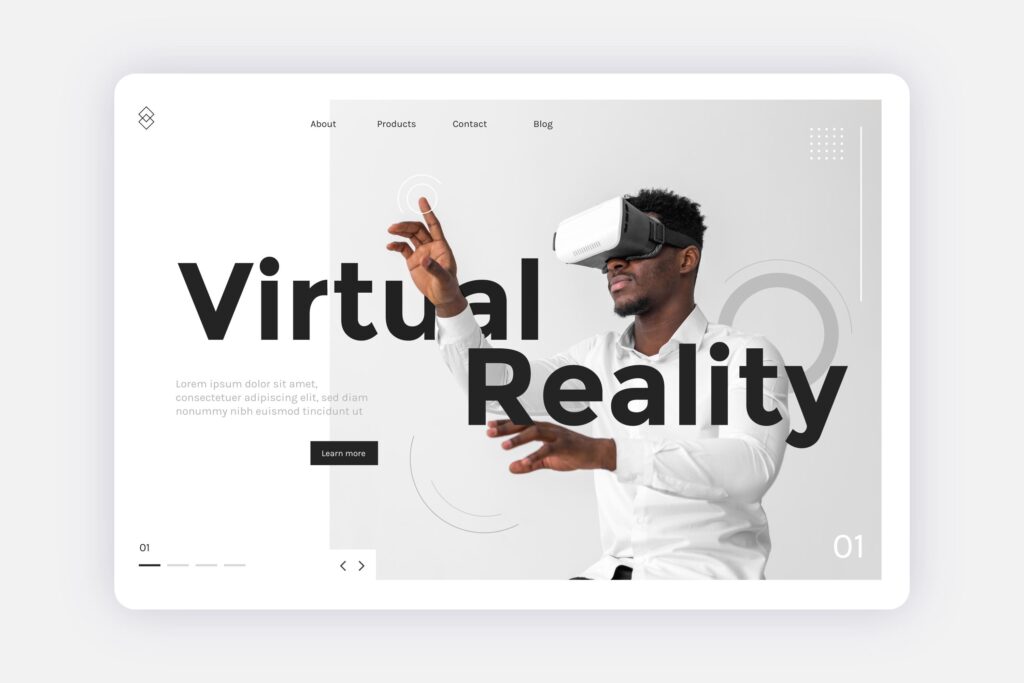 Black man wearing a VR headset interacting with a virtual reality interface on a modern website layout