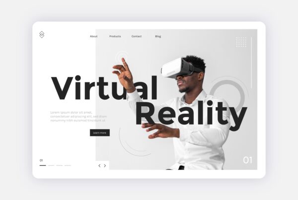 Black man wearing a VR headset interacting with a virtual reality interface on a modern website layout