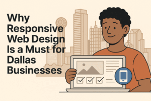 Flat-style illustration showing a responsive website layout across desktop, tablet, and mobile devices for businesses in Dallas.