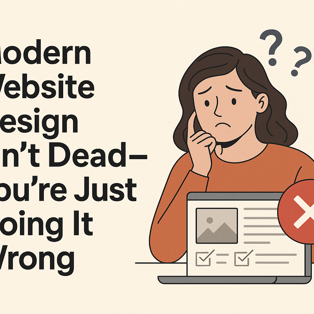 Illustration of a confused woman looking at a website with errors on a laptop, highlighting common web design mistakes