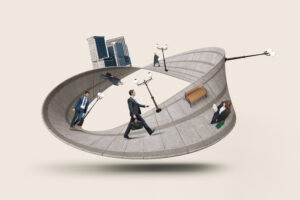 A conceptual image showing business professionals in formal attire walking on an endless loop of concrete paths, symbolizing the repetitive and continuous nature of modern corporate work, with street lamps and benches lining the loop.