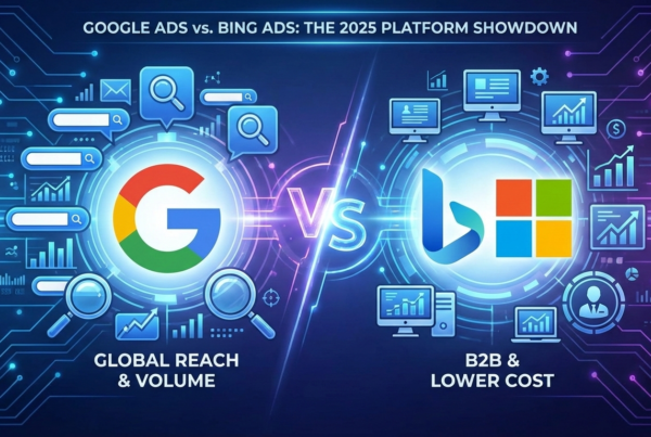 A futuristic digital comparison graphic titled 'Google Ads vs. Bing Ads: The 2025 Platform Showdown'. The left side features the Google logo with text 'Global Reach & Volume', while the right side shows the Bing and Microsoft logos with text 'B2B & Lower Cost', separated by a glowing 'VS' symbol.