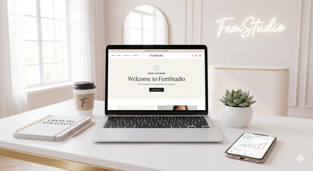 A modern, high-end workspace with a laptop displaying a sleek, high-converting website interface designed by FemStudio, featuring growth analytics and clear call-to-action buttons.