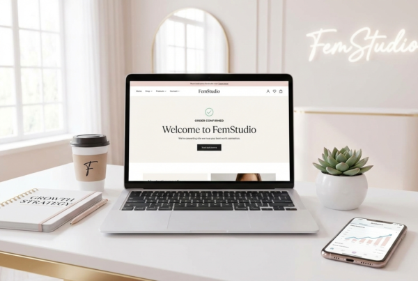 A modern, high-end workspace with a laptop displaying a sleek, high-converting website interface designed by FemStudio, featuring growth analytics and clear call-to-action buttons.