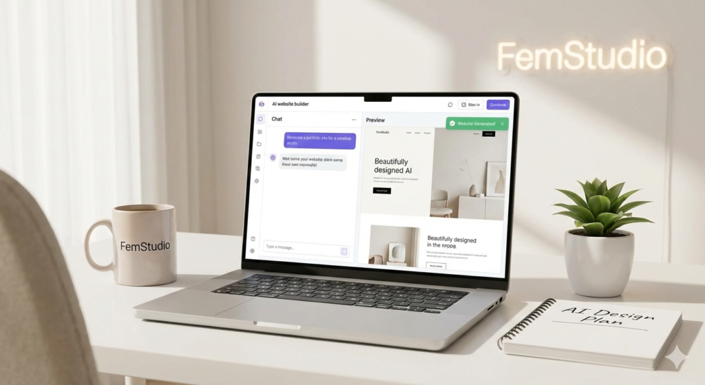 A laptop screen displaying an AI-powered website builder with glowing digital connections in a clean, professional studio setting.