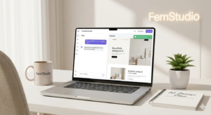 A laptop screen displaying an AI-powered website builder with glowing digital connections in a clean, professional studio setting.