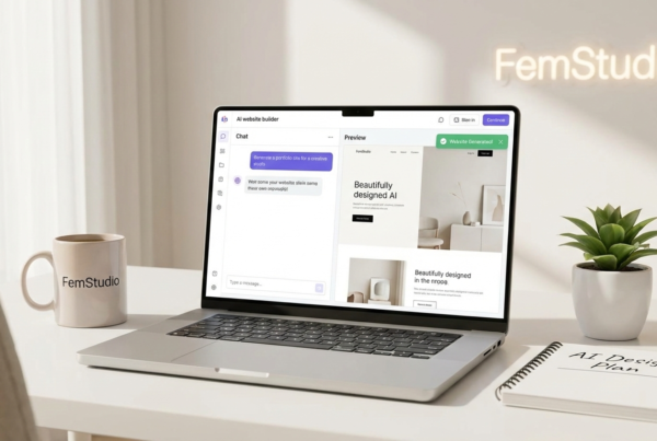 A laptop screen displaying an AI-powered website builder with glowing digital connections in a clean, professional studio setting.