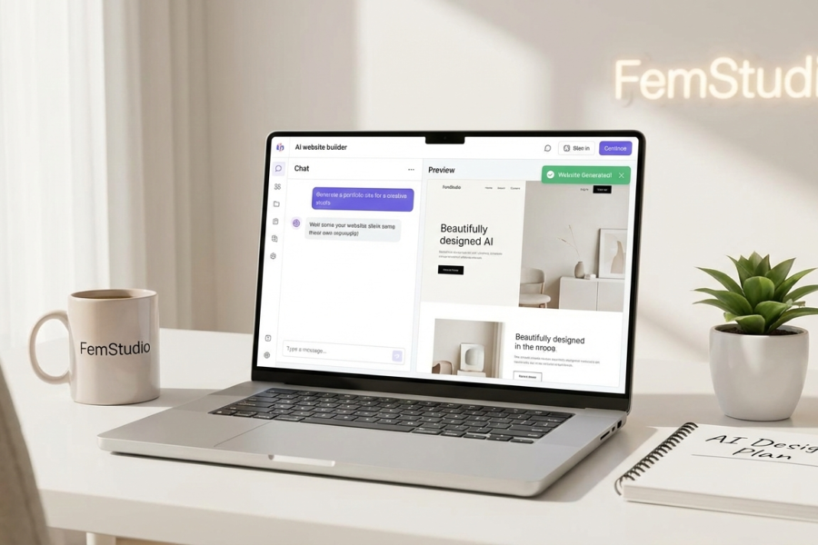 A laptop screen displaying an AI-powered website builder with glowing digital connections in a clean, professional studio setting.