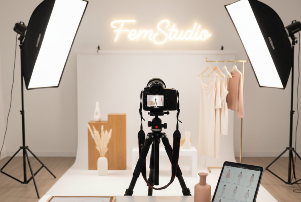 A professional photography studio with a high-end camera, softbox lights, and a clean white backdrop, prepared for a brand photo shoot.