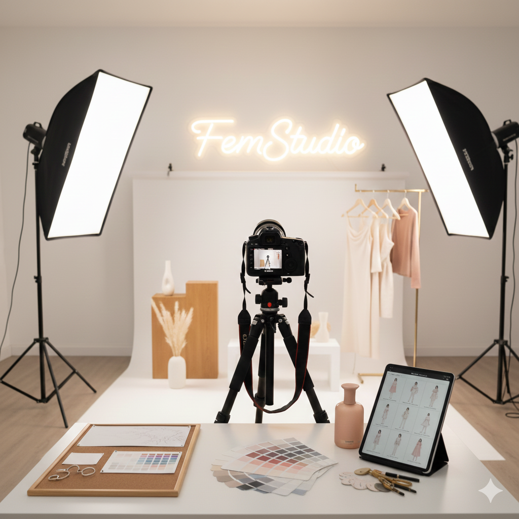 A professional photography studio with a high-end camera, softbox lights, and a clean white backdrop, prepared for a brand photo shoot.